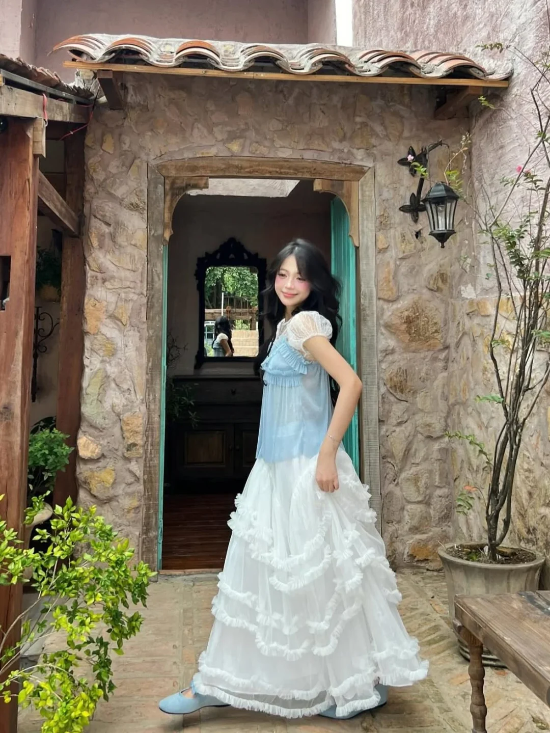 Photo 1 of Váy công chúa xòe bèo xanh nhạt nữ