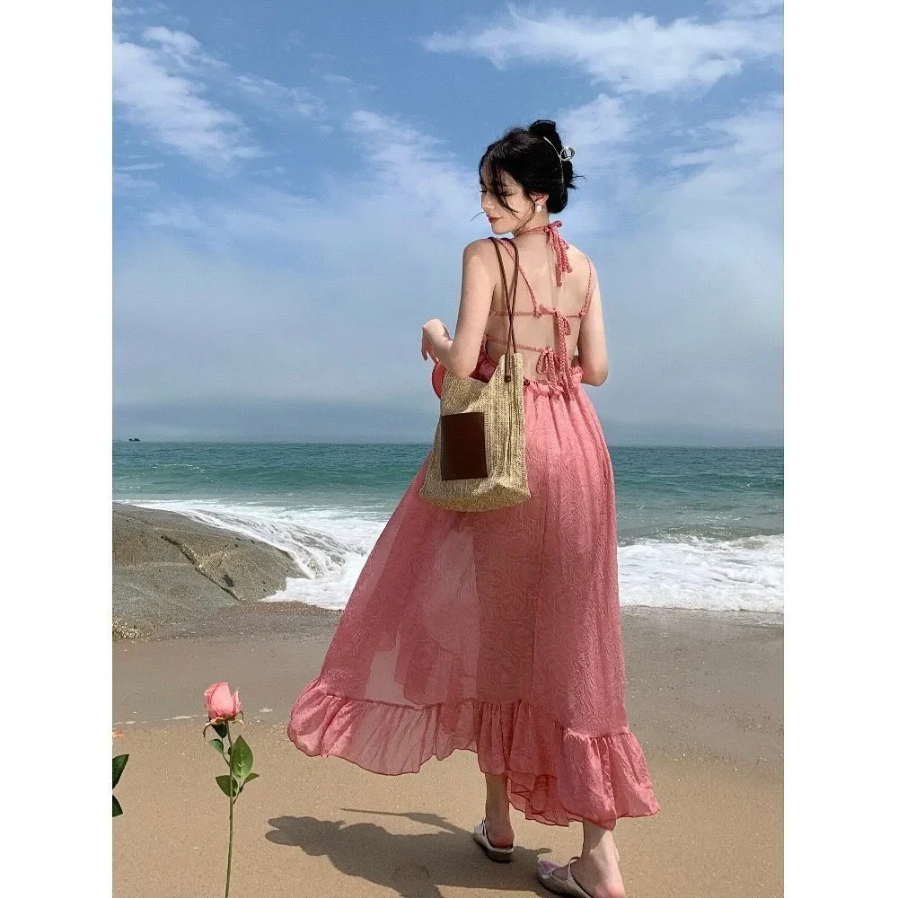 Ảnh 4 của Váy maxi ren vintage màu hồng nữ