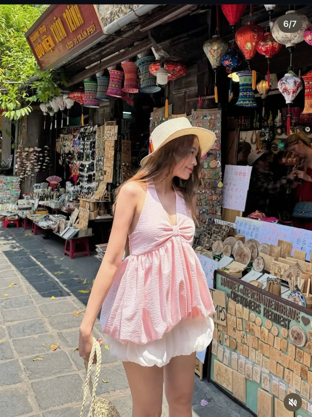 Photo 4 of Set áo yếm caro hồng trắng babydoll nữ