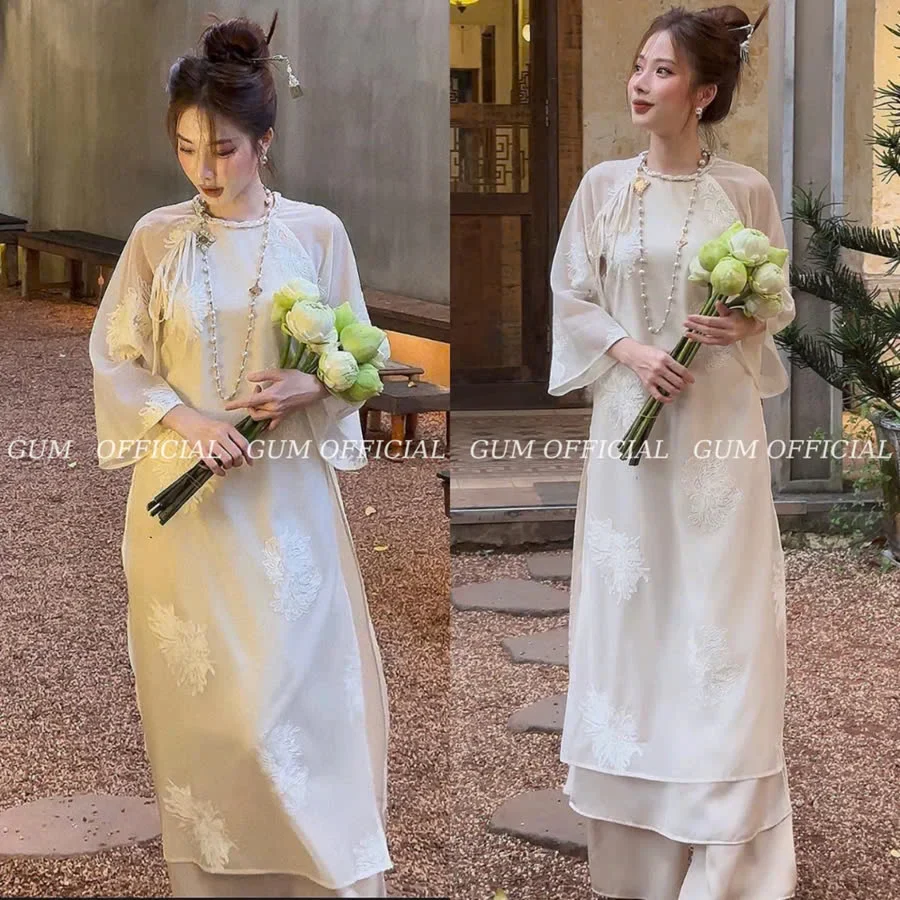 Ảnh 1 của Áo dài trắng kem thêu hoa sen nữ