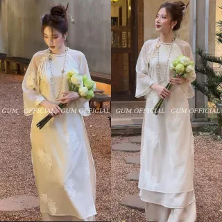 Ảnh 1 của Áo dài trắng kem thêu hoa sen nữ