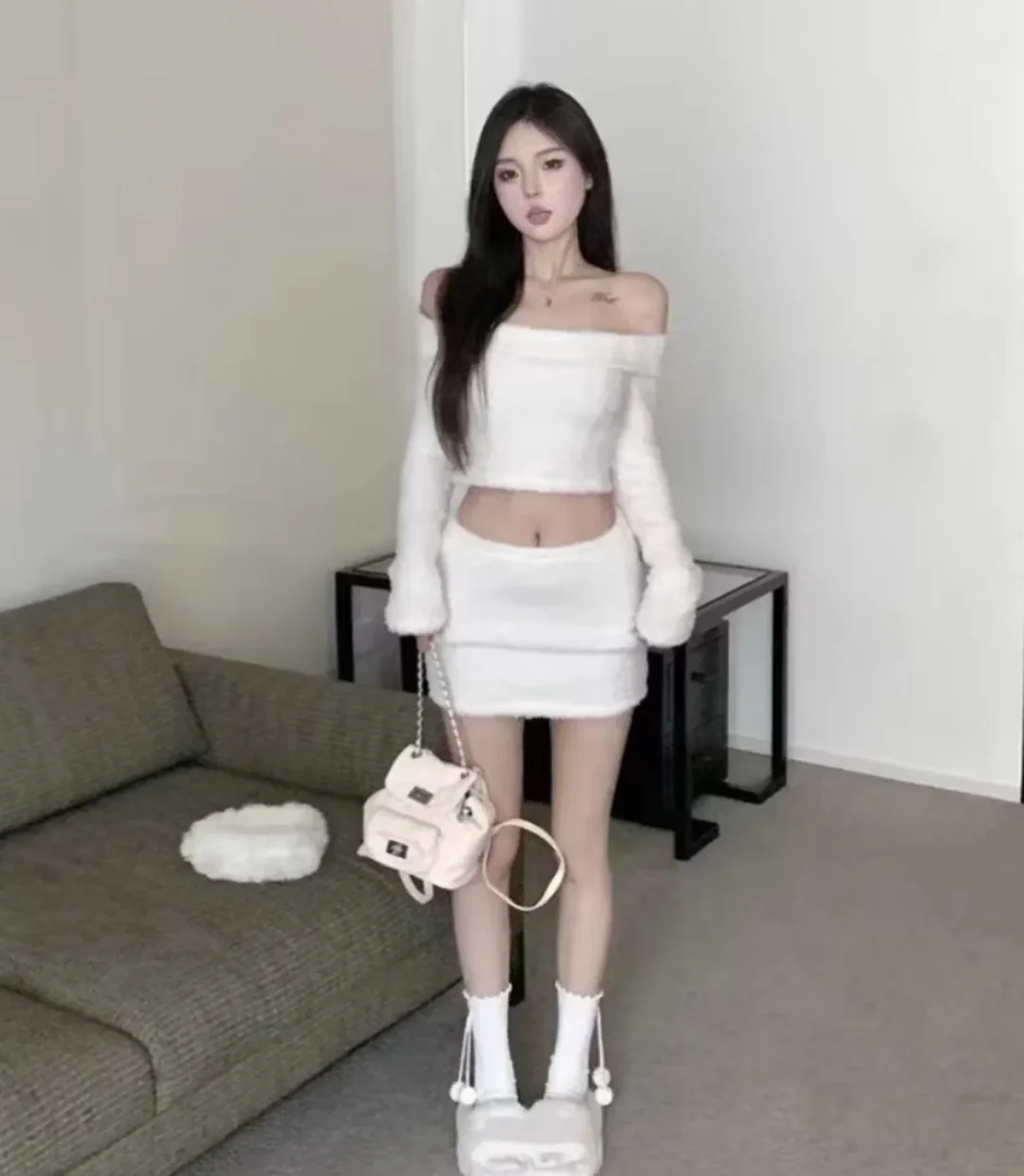 Photo 3 of Set áo váy lông trắng nữ size S