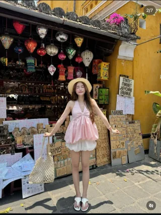 Photo 3 of Set áo yếm caro hồng trắng babydoll nữ