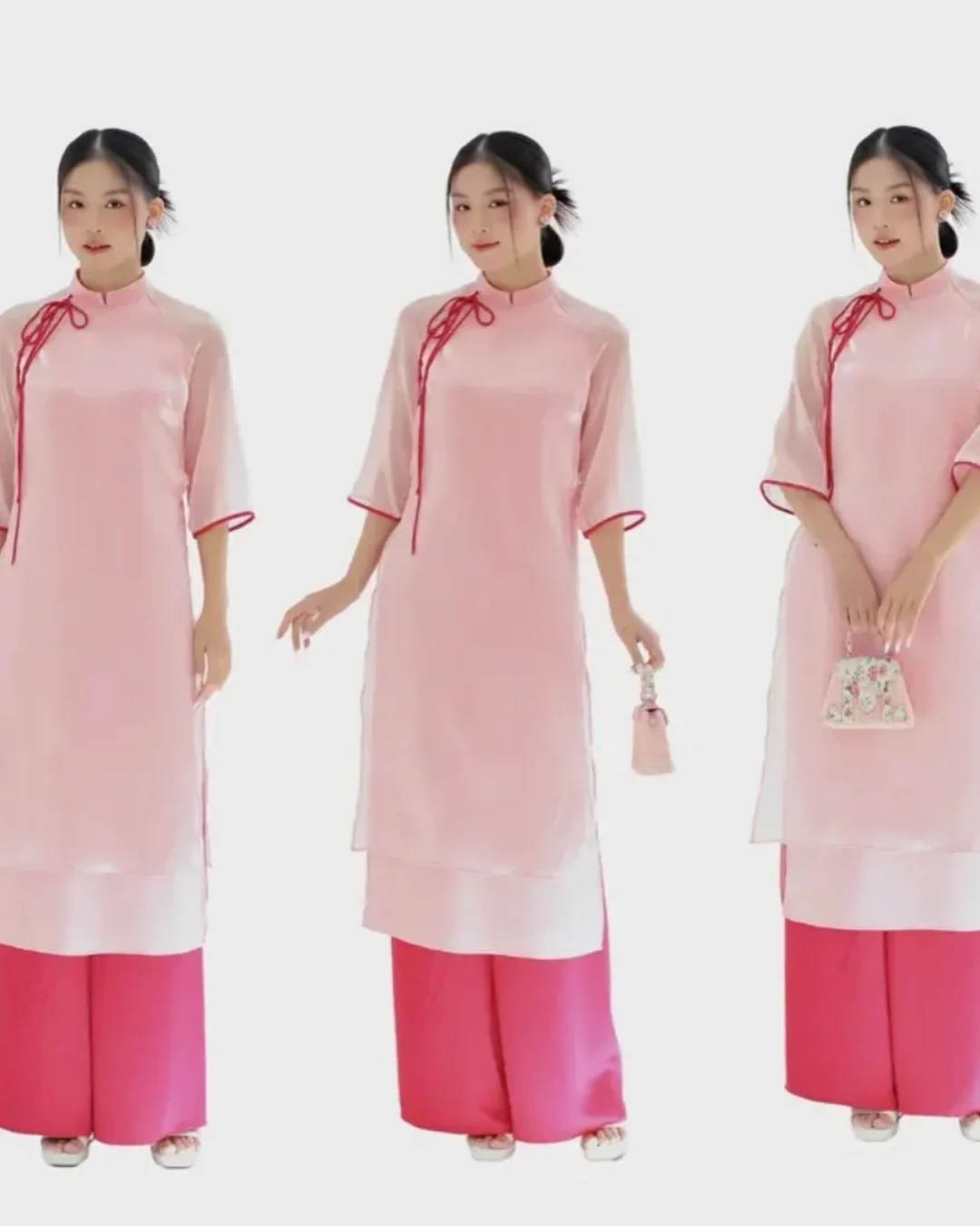Photo 3 of Set áo dài voan kiếng hồng size M nữ