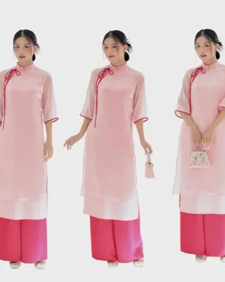 Photo 3 of Set áo dài voan kiếng hồng size M nữ