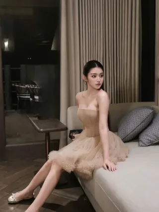 Ảnh 2 của Váy tulle ngắn strapless màu be nữ