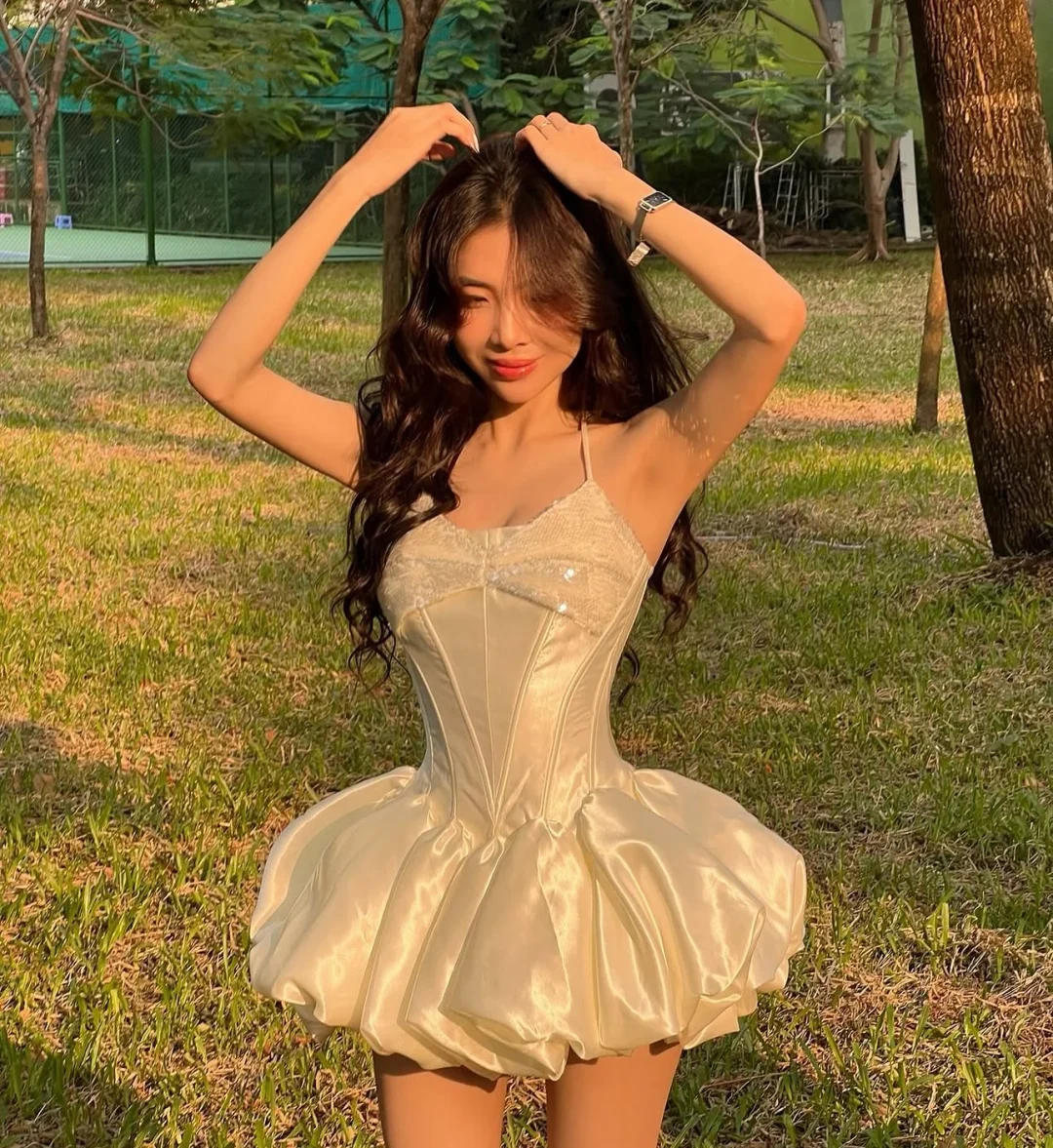 Photo 1 of Váy tiệc corset mini lụa kem nữ