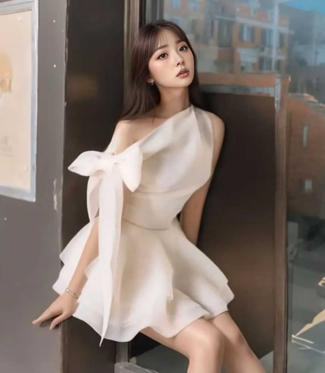 Ảnh 1 của Váy trễ vai nơ lớn trắng nữ
