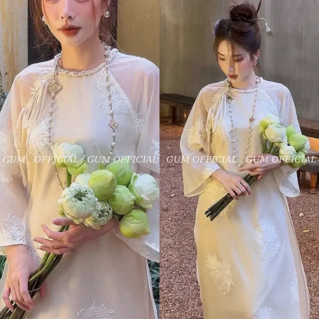 Ảnh 3 của Áo dài trắng kem thêu hoa sen nữ
