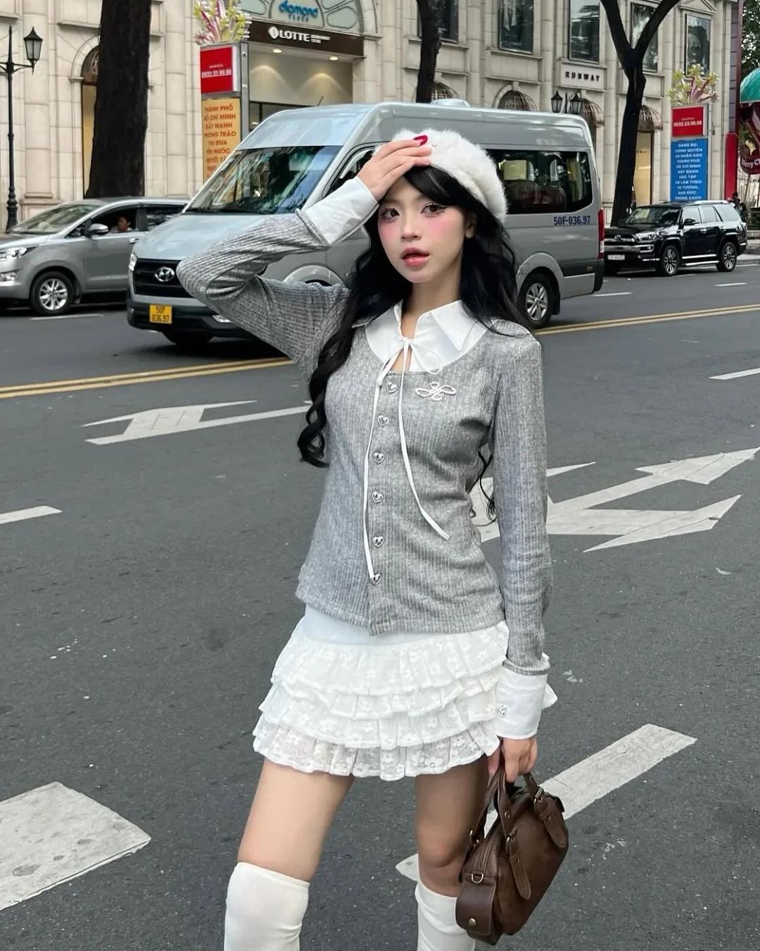 Photo 2 of Set áo cardigan xám váy ren trắng lolita nữ