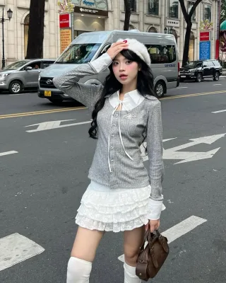 Photo 2 of Set áo cardigan xám váy ren trắng lolita nữ