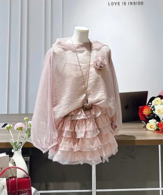 Ảnh 4 của Set áo voan tay phồng nữ màu nude
