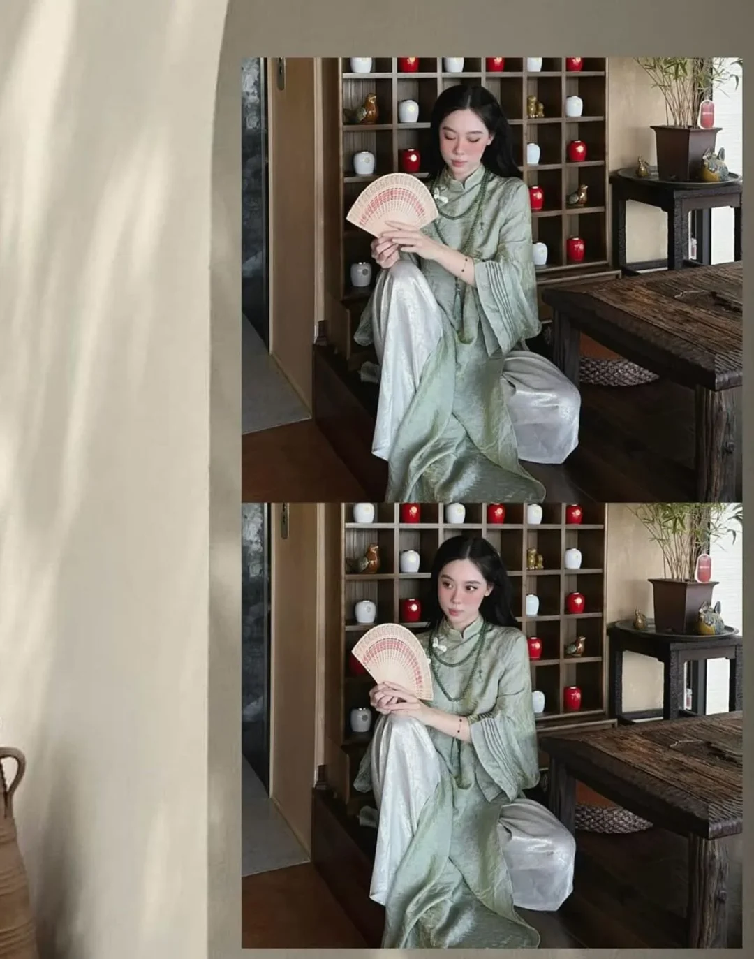 Ảnh 5 của Áo dài nữ lụa xanh thêu hoa truyền thống