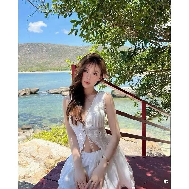 Photo 2 of Váy maxi trắng ren nữ boho vintage