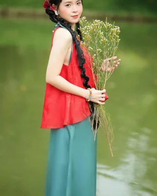 Photo 2 of Set yếm đỏ xanh lụa size M nữ