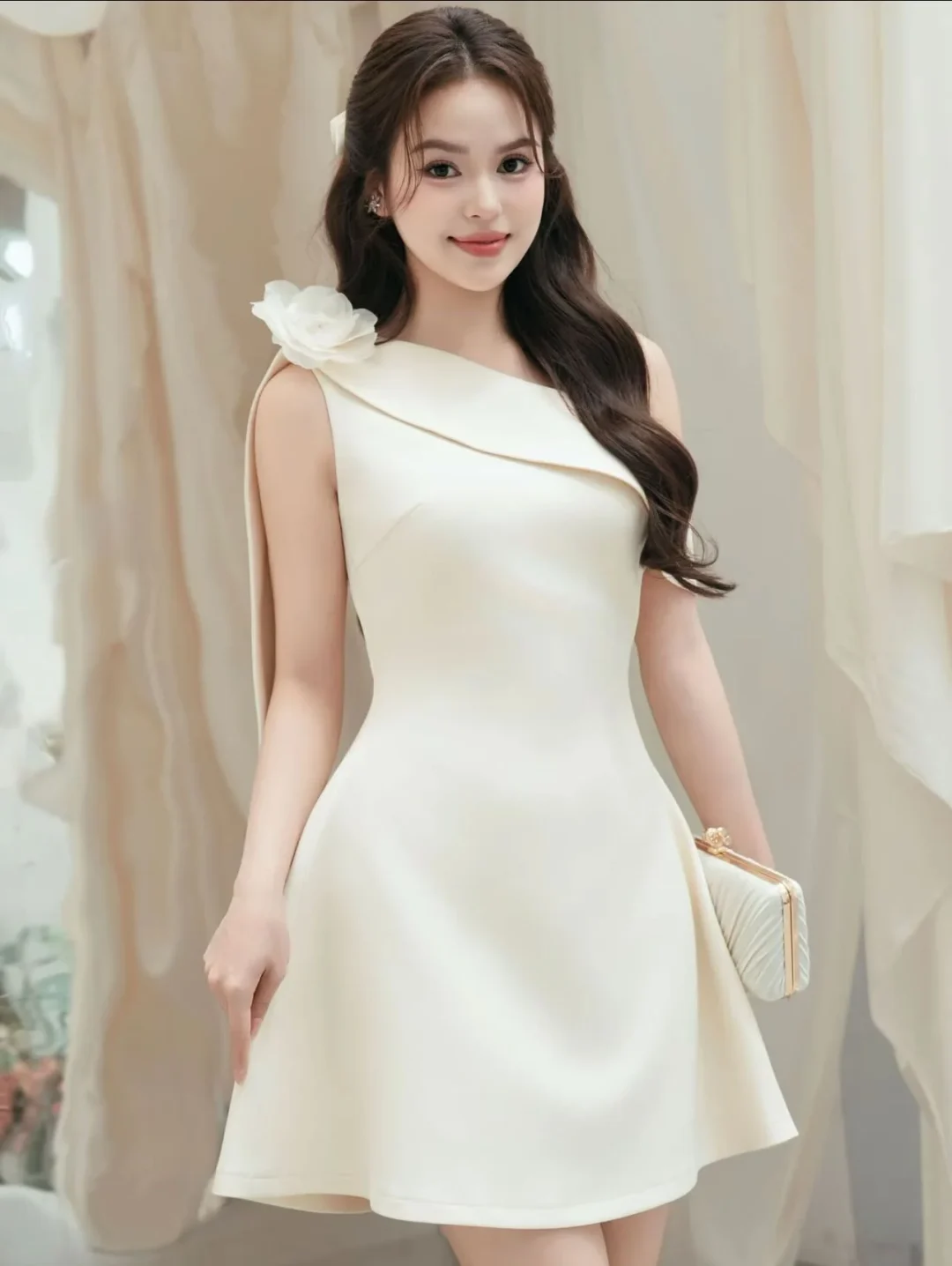 Ảnh 1 của Đầm dự tiệc một vai kem hoa đính