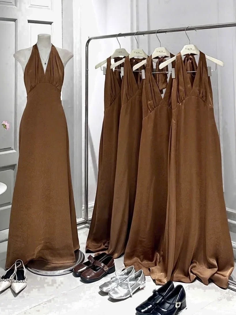 Photo 7 of Đầm maxi satin nâu halter nữ