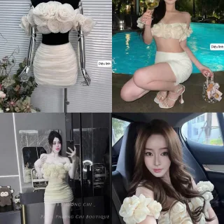 Ảnh 4 của Áo crop hoa nổi vai trần màu kem
