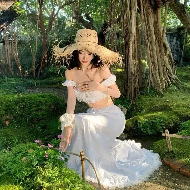 Photo 3 of Set Váy Maxi Trắng Trễ Vai Boho Nữ