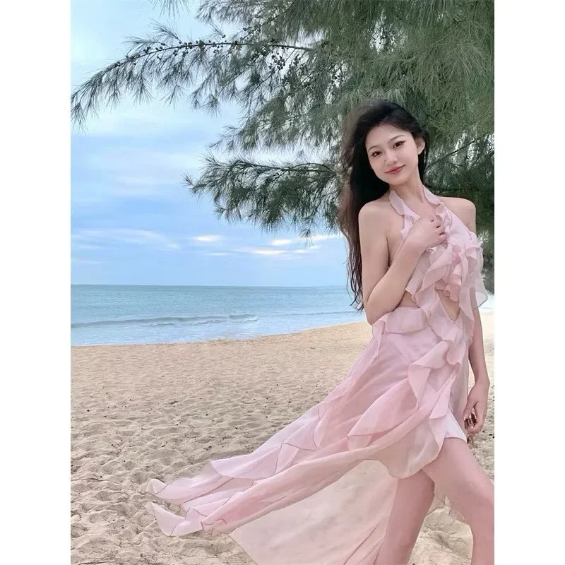 Ảnh 3 của Váy maxi bèo nhún hồng nhạt nữ
