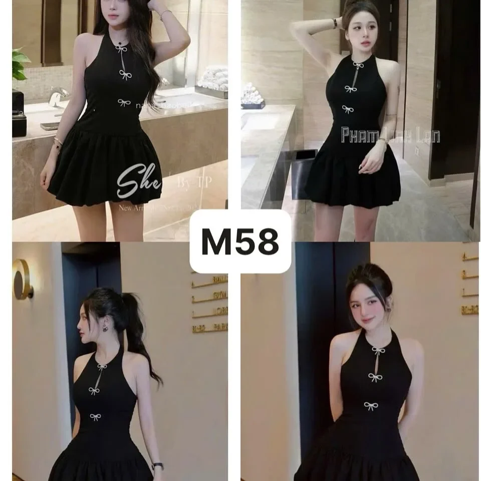 Ảnh 5 của Đầm ngắn đen halter nơ trắng nữ