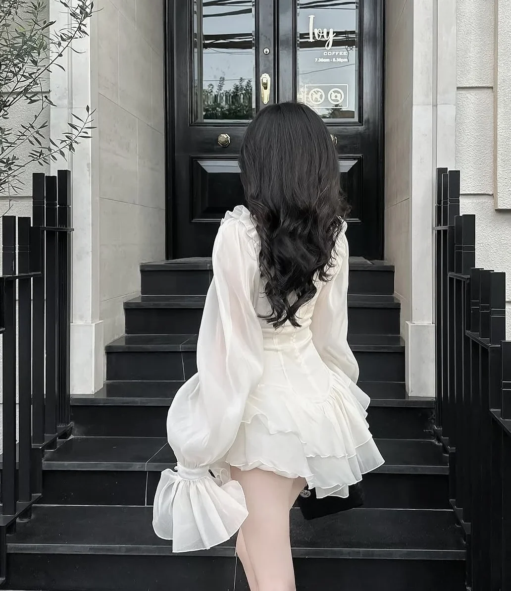 Photo 2 of Đầm voan kem bèo nhún tay phồng size M