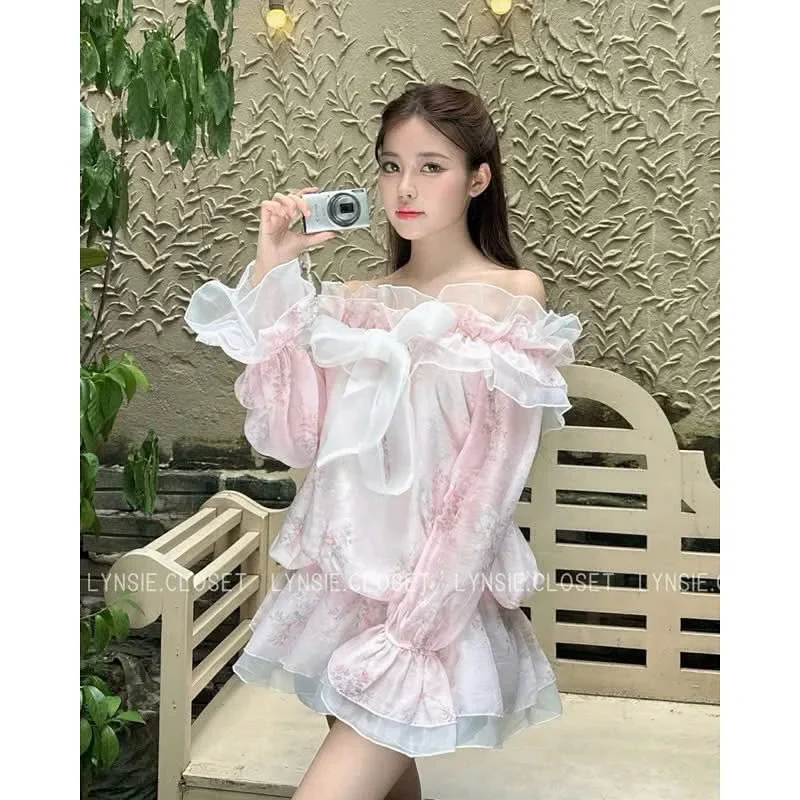 Ảnh 4 của Váy maxi hồng trễ vai bèo nhún nữ