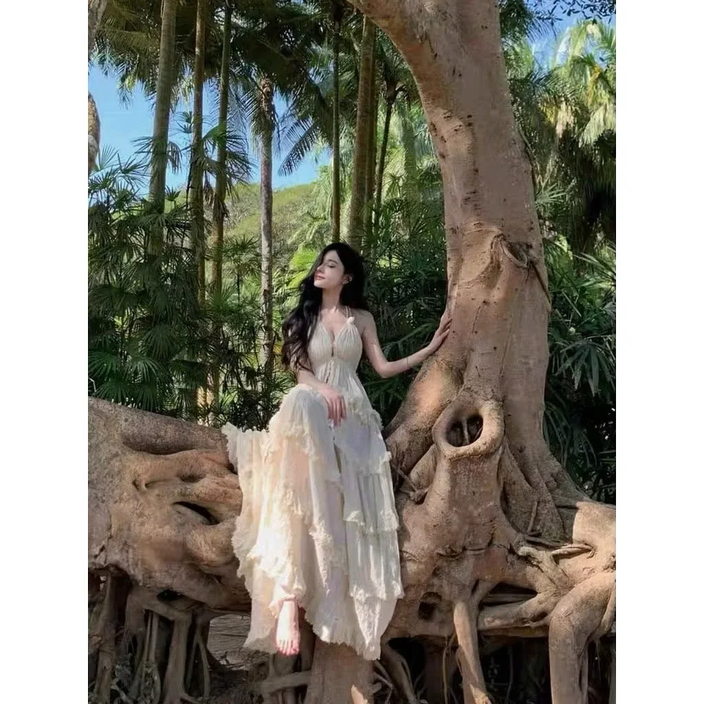 Ảnh 1 của Váy maxi trắng kem bèo nhún voan thuê