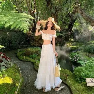 Photo 1 of Set Váy Maxi Trắng Trễ Vai Boho Nữ