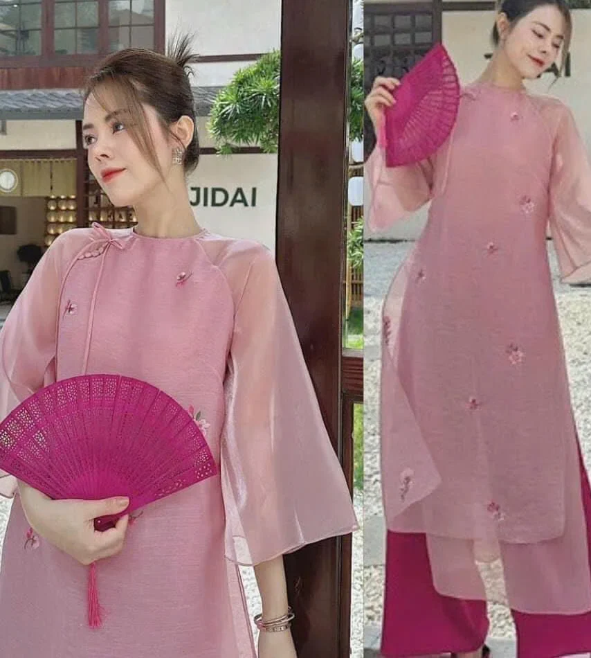 Photo 6 of Áo dài nữ hồng pastel lụa voan truyền thống