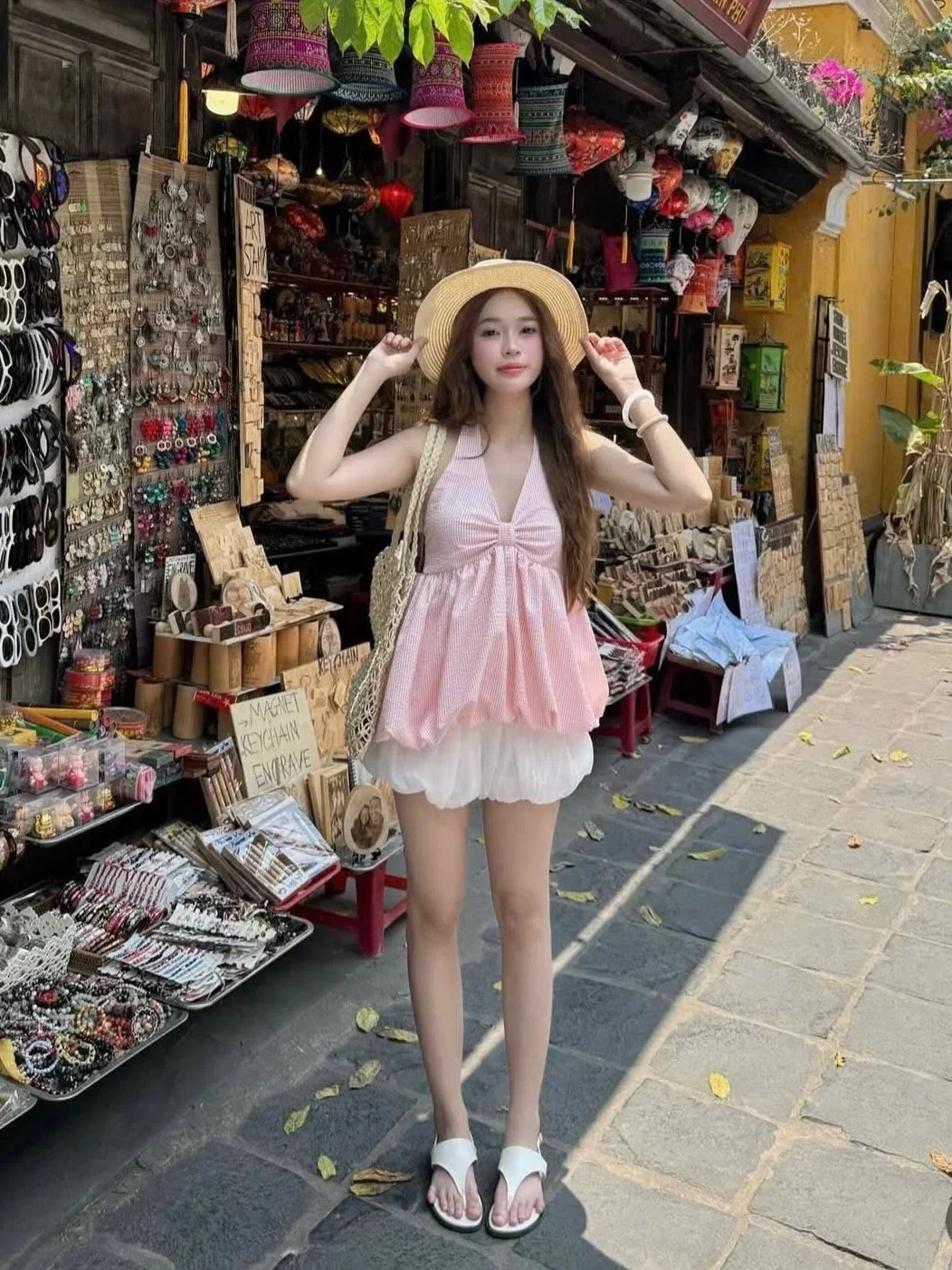 Photo 1 of Set áo yếm caro hồng trắng babydoll nữ