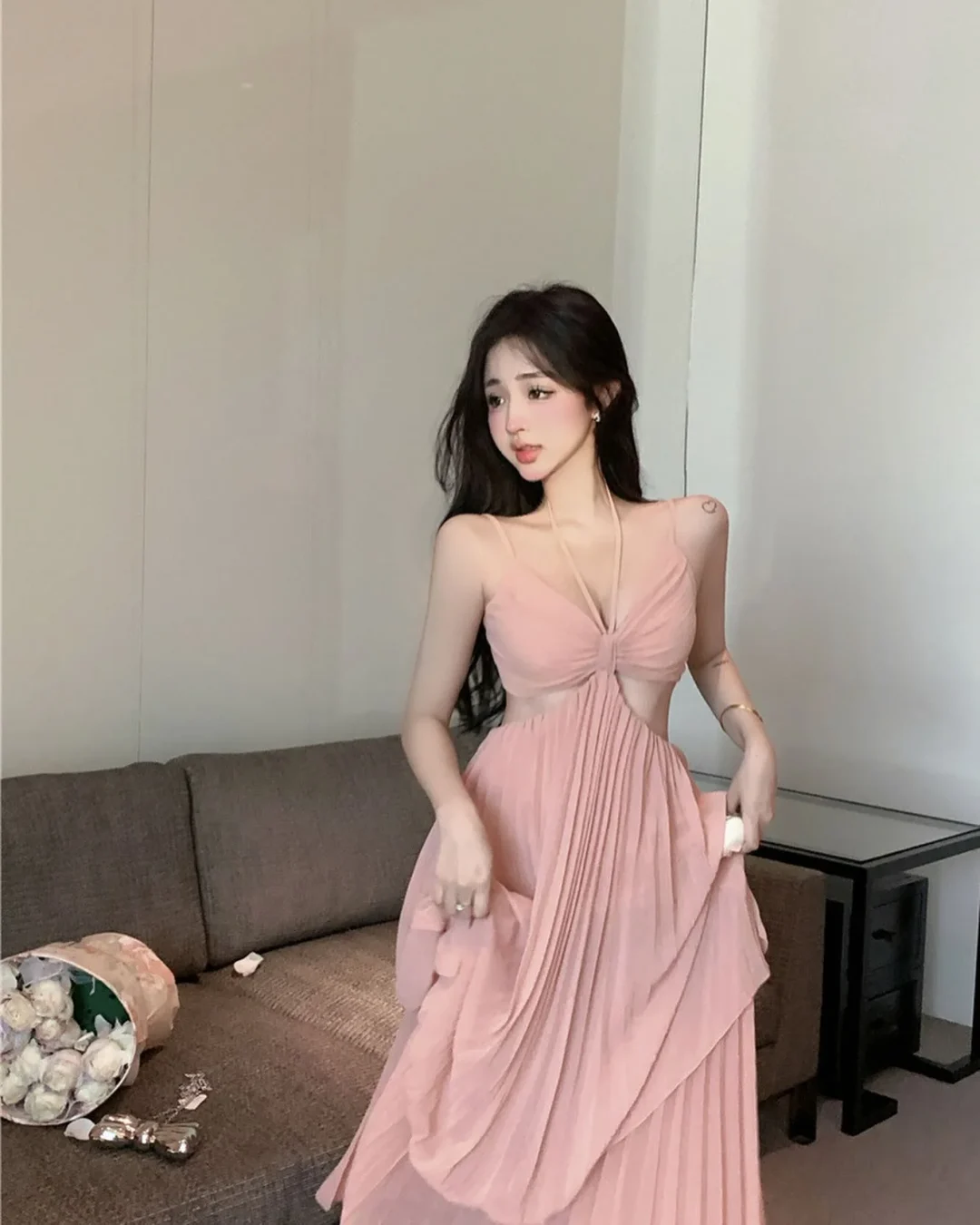 Photo 2 of Váy maxi xếp nếp hồng đào nữ