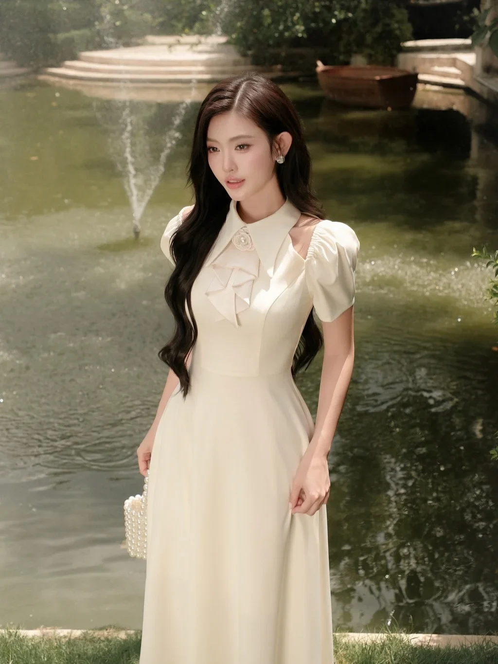 Photo 1 of Váy maxi lụa kem tay phồng nữ