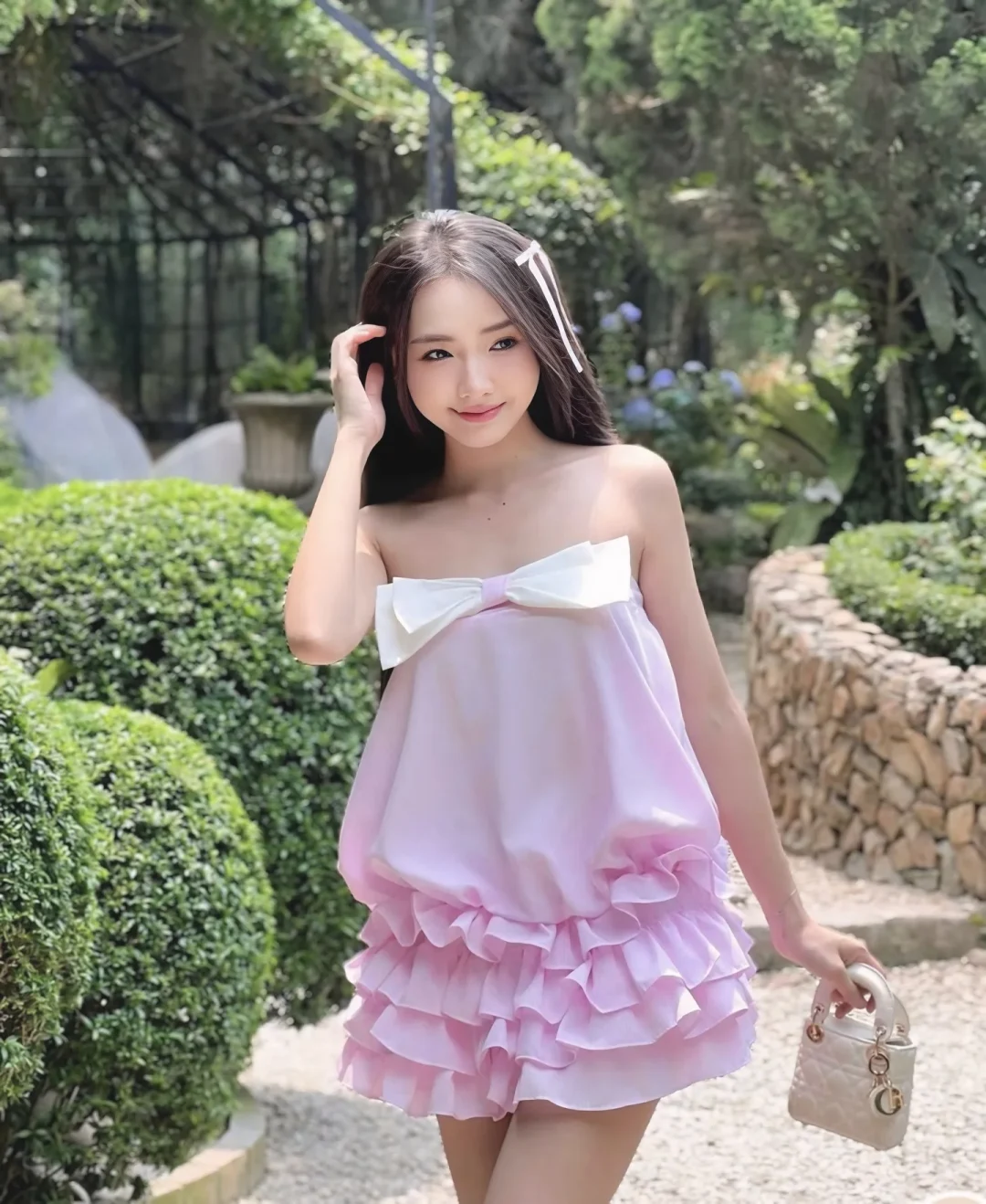 Ảnh 1 của Đầm strapless hồng nơ trắng size S/M