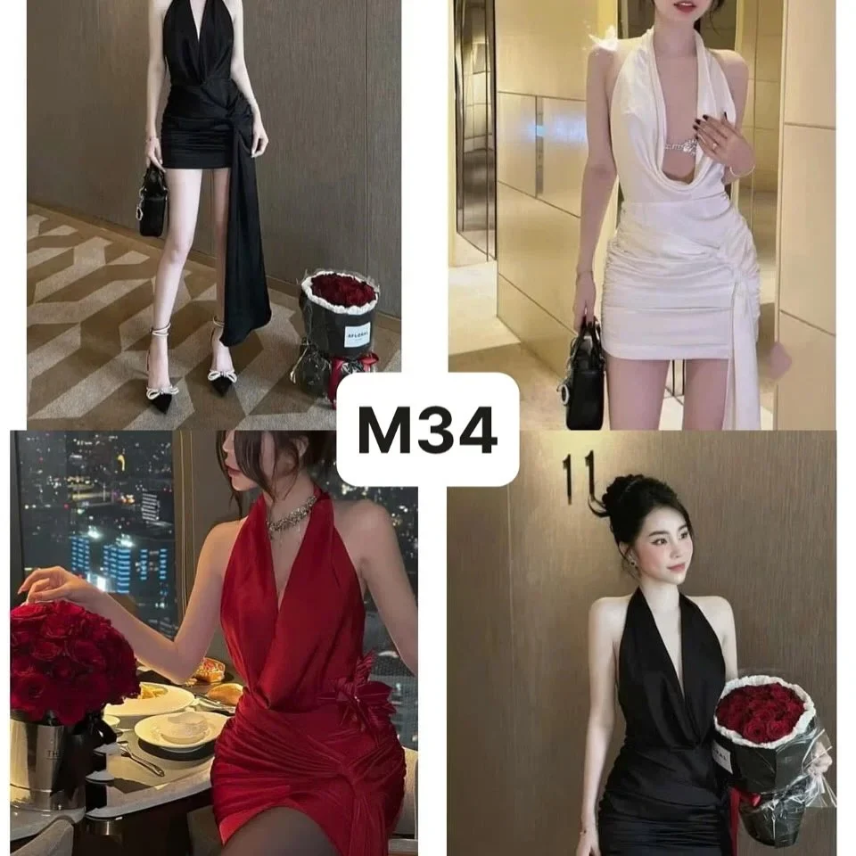 Photo 5 of Đầm halter đen ngắn satin nữ