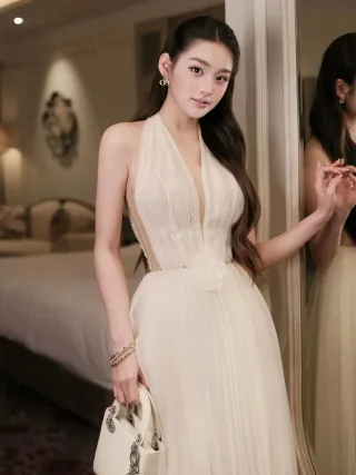 Ảnh 1 của Đầm maxi voan kem hở lưng nữ