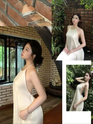 Photo 2 of Váy maxi voan cổ yếm vàng nhạt nữ