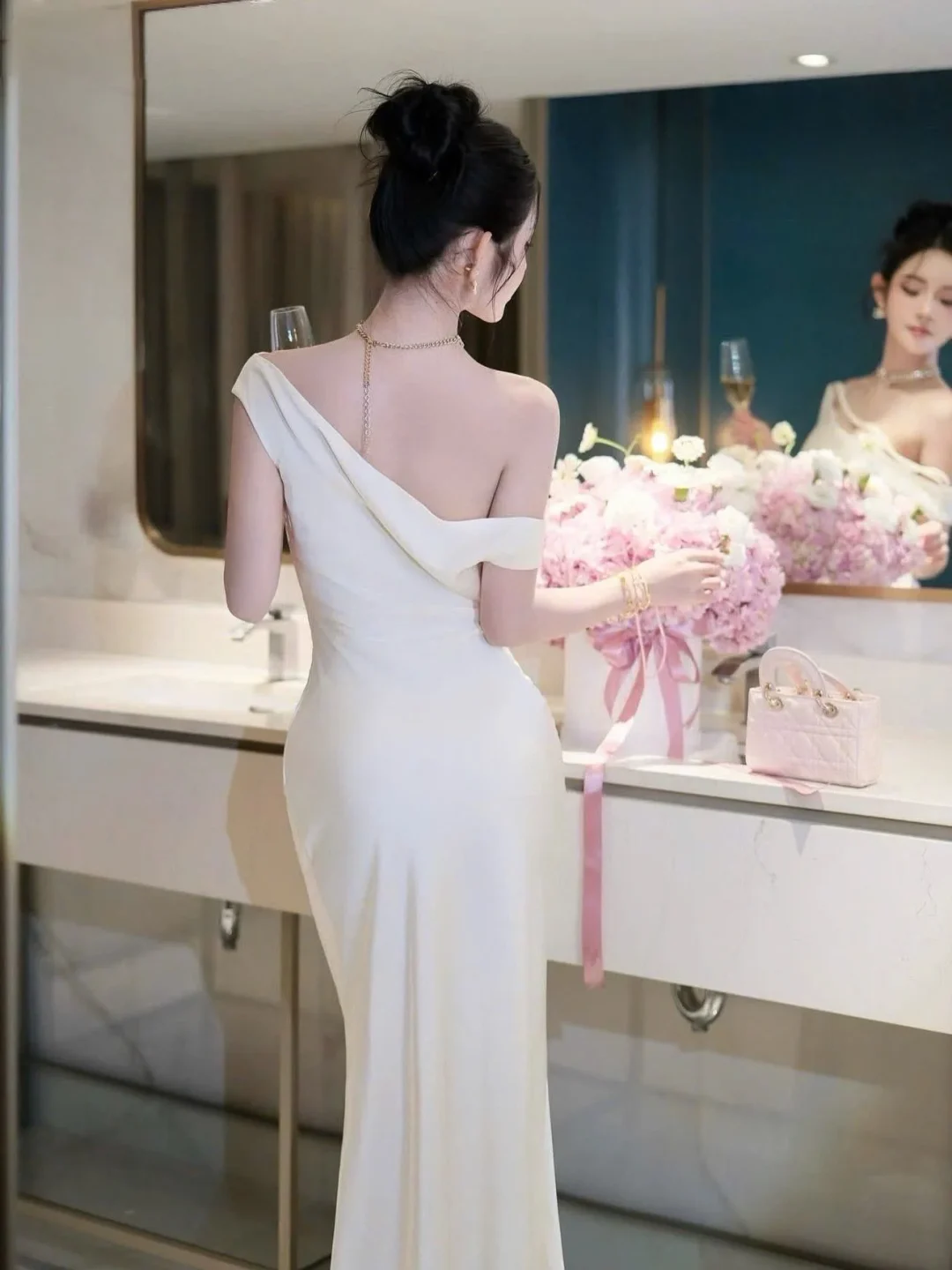 Ảnh 4 của Váy dạ hội lụa kem trễ vai nữ