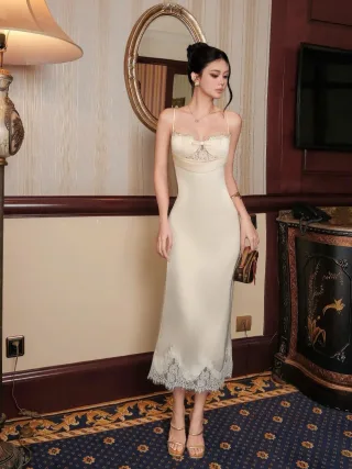 Ảnh 1 của Váy dài ren lụa kem hai dây size M