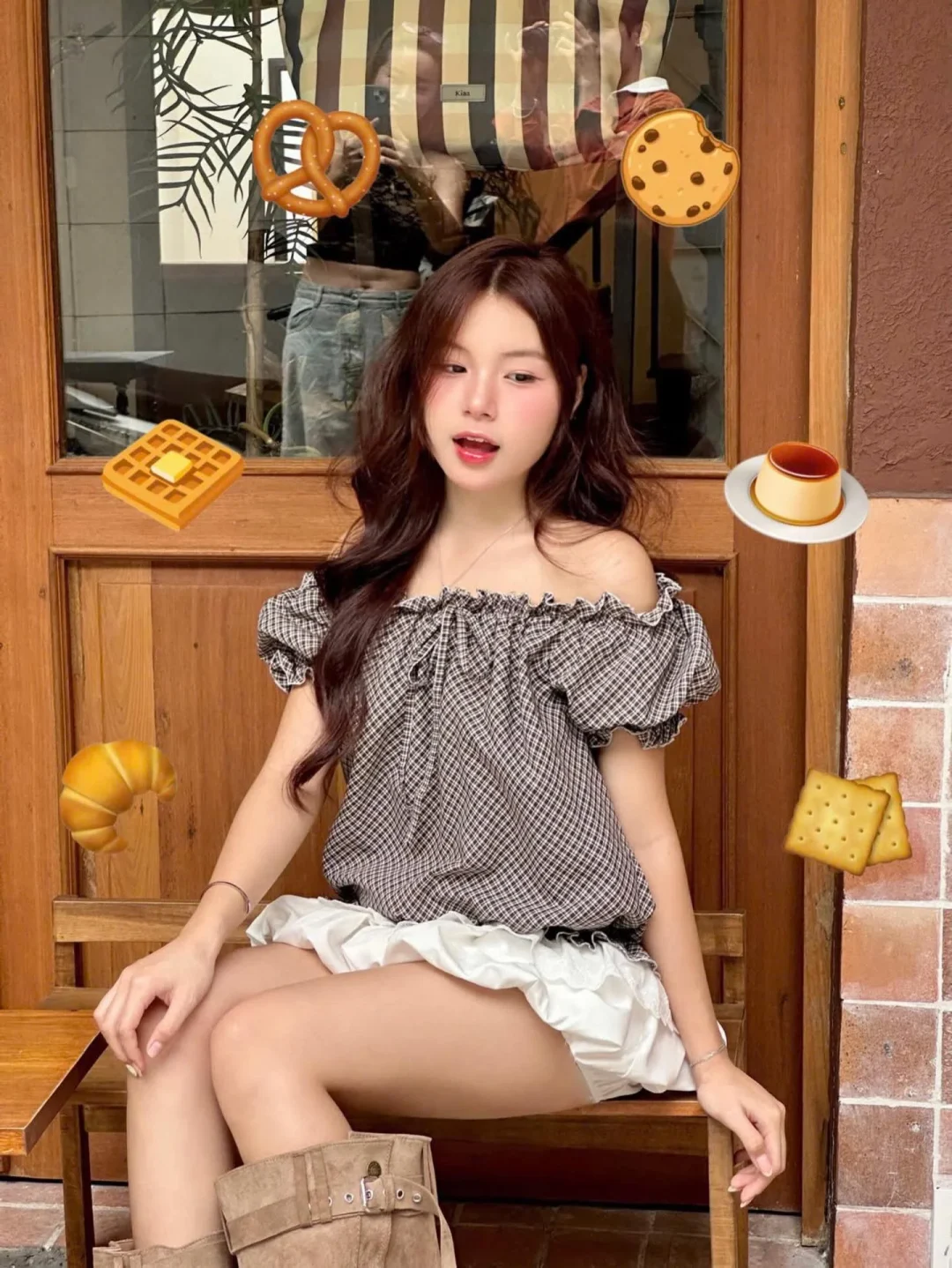 Photo 5 of Set áo trễ vai caro nâu nữ