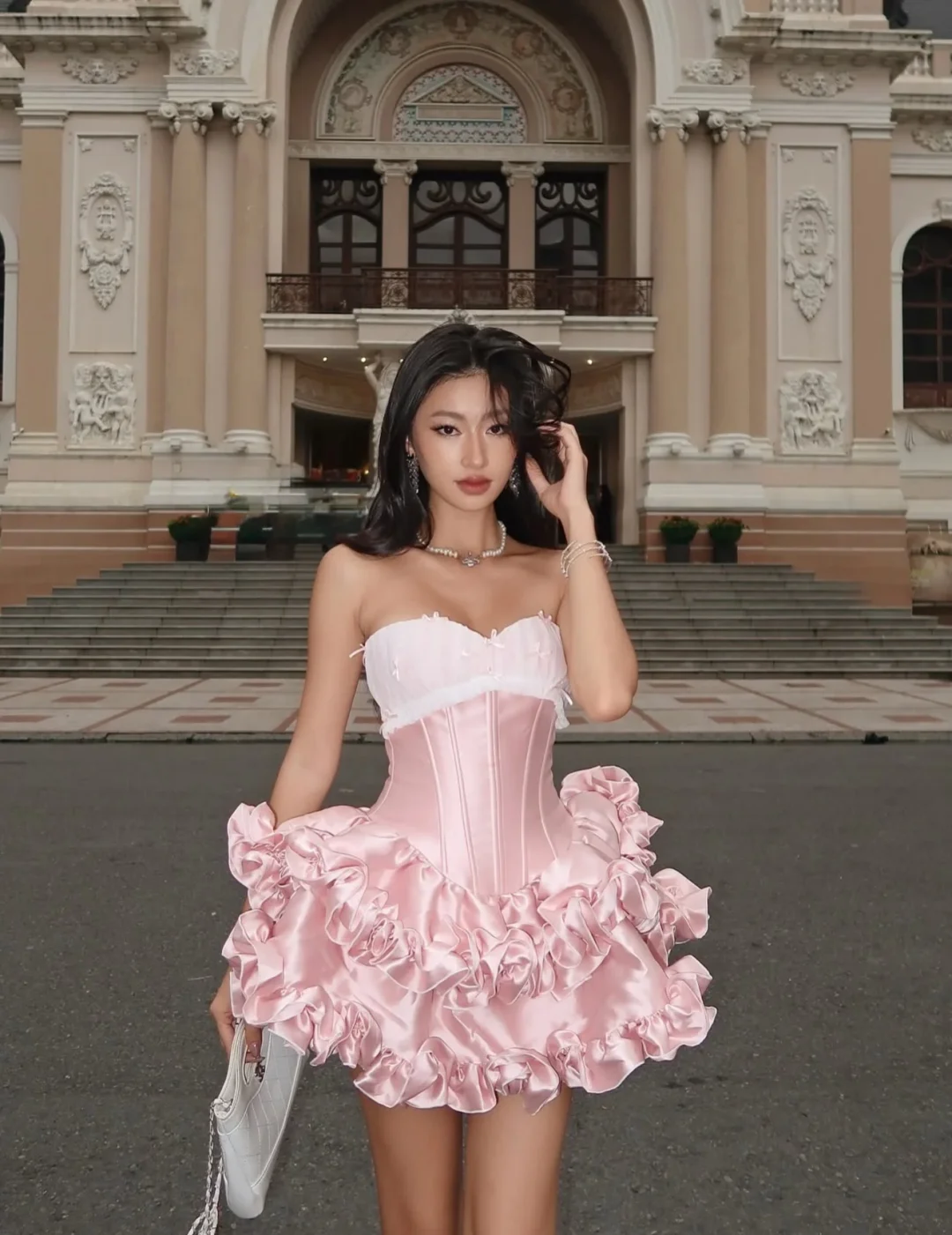 Ảnh 4 của Váy hồng pastel corset bèo nhún nữ