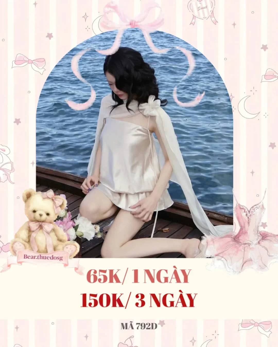 Ảnh 1 của Set đồ satin nơ vai nữ màu kem