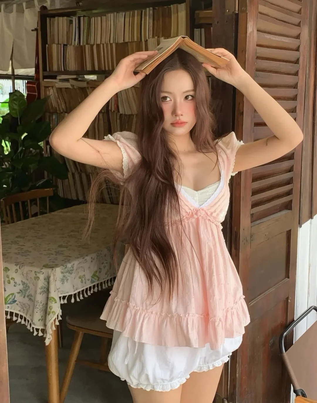 Photo 4 of Áo babydoll hồng pastel nhún bèo size S