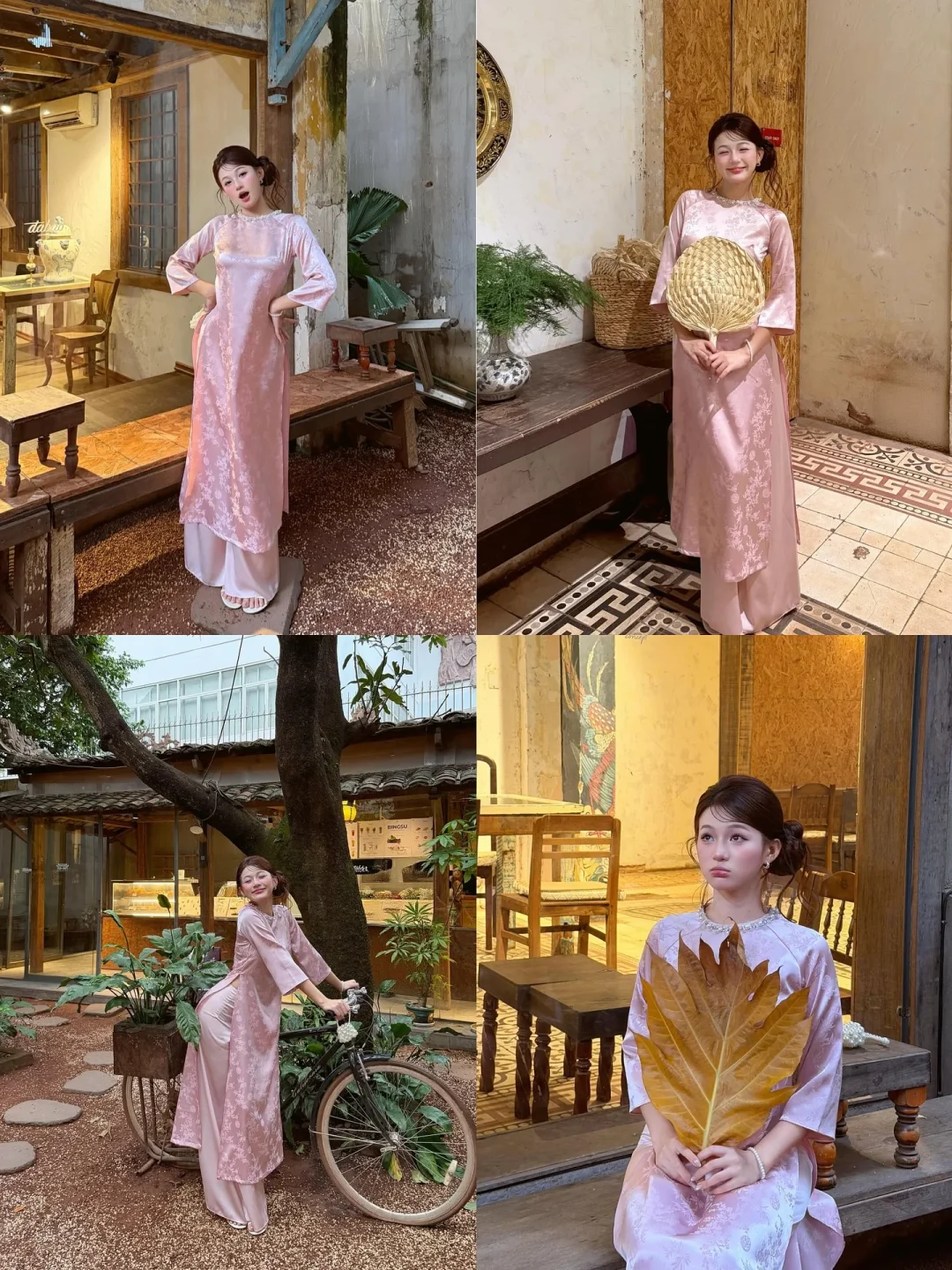 Photo 1 of Áo dài lụa hồng thêu hoa size M