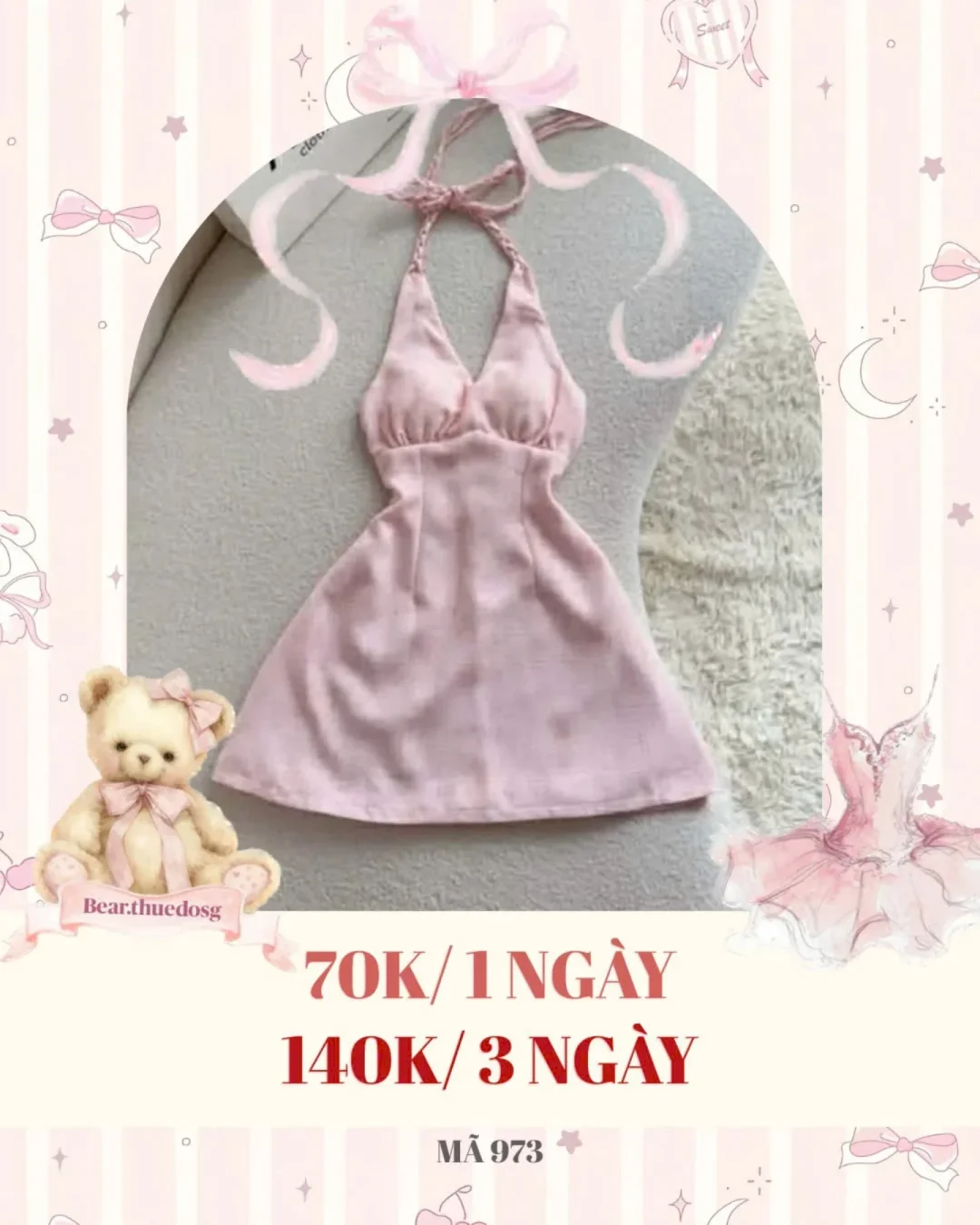 Ảnh 1 của Đầm ngắn halter hồng nhạt nhung nữ