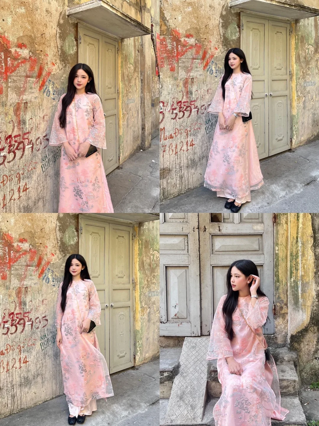 Photo 1 of Áo dài nữ hồng pastel hoa văn size M