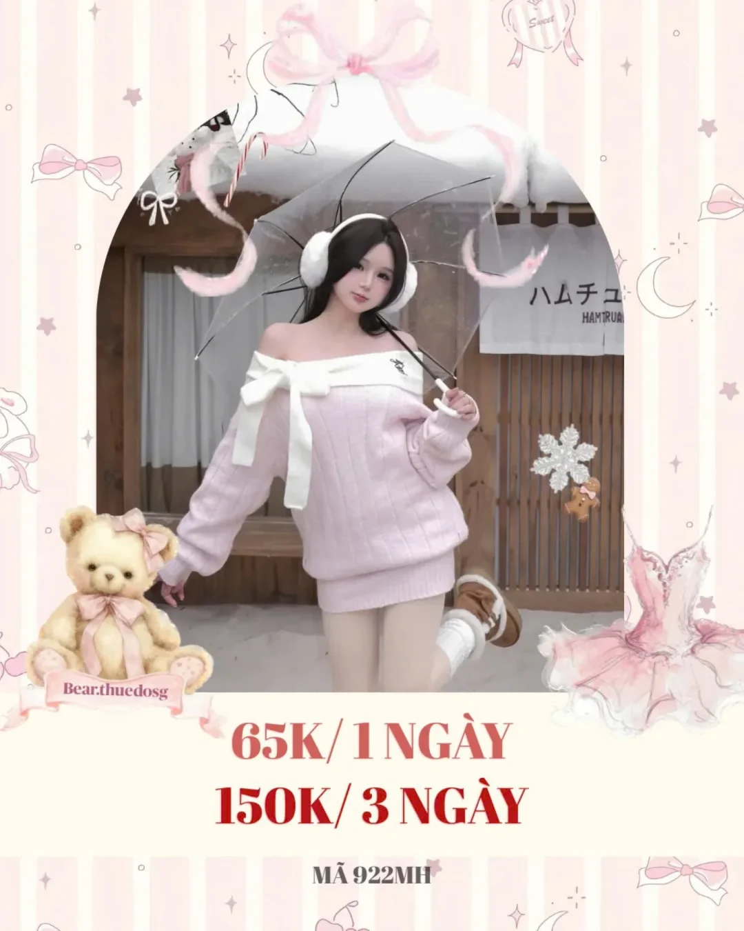 Ảnh 1 của Áo len hồng vai trễ nơ trắng nữ