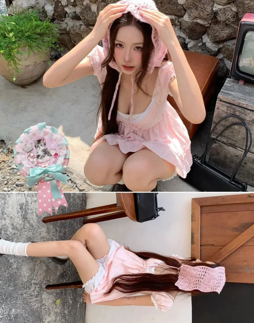 Photo 5 of Áo babydoll hồng pastel nhún bèo size S