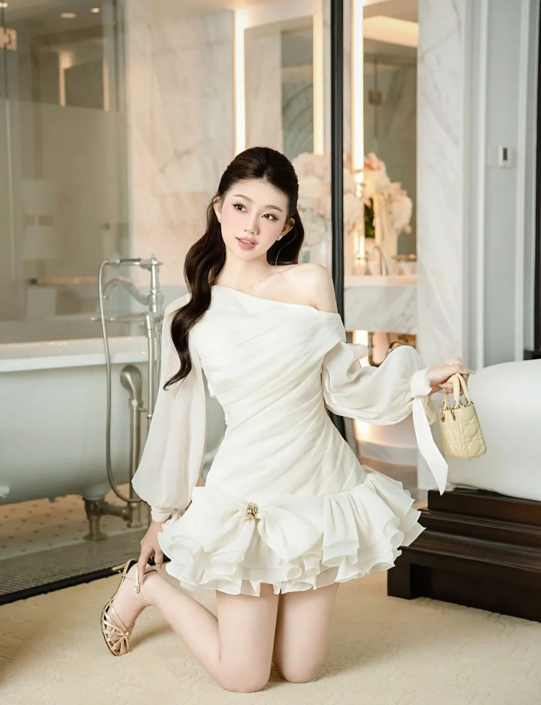 Ảnh 1 của Đầm trắng trễ vai bèo nhún tay phồng