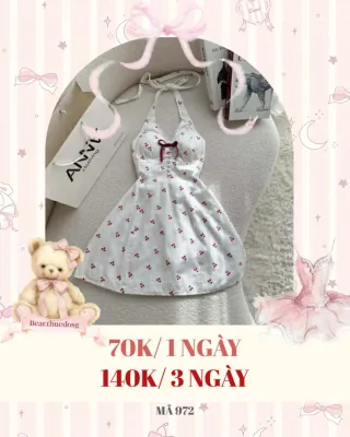 Photo 1 of Váy halter trắng họa tiết cherry satin nữ